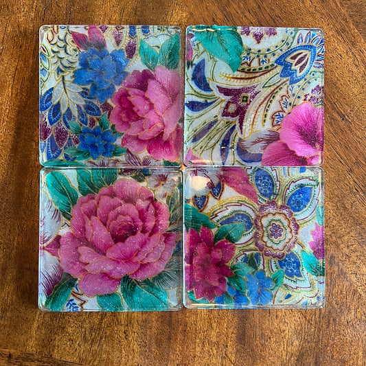 Clear resin with fabric coasters. 