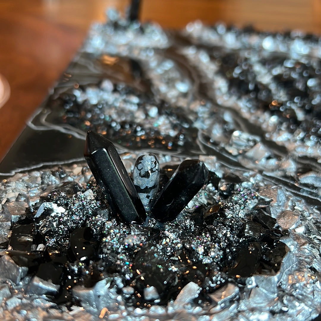 Black & Silver Quartz, Obsidian Stones Geode